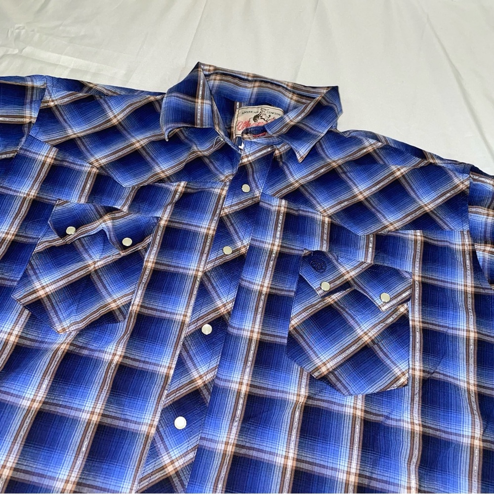 Wrangler American Cowboys Mens XL Blue Plaid Metallic Western Snap Shirt MV1055M